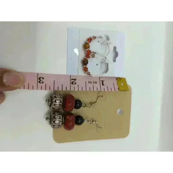 Handmade Red Beaded Dangle Earrings Metallic Hoop Style Womens Set Of 2 Pairs - Picture 2 of 5